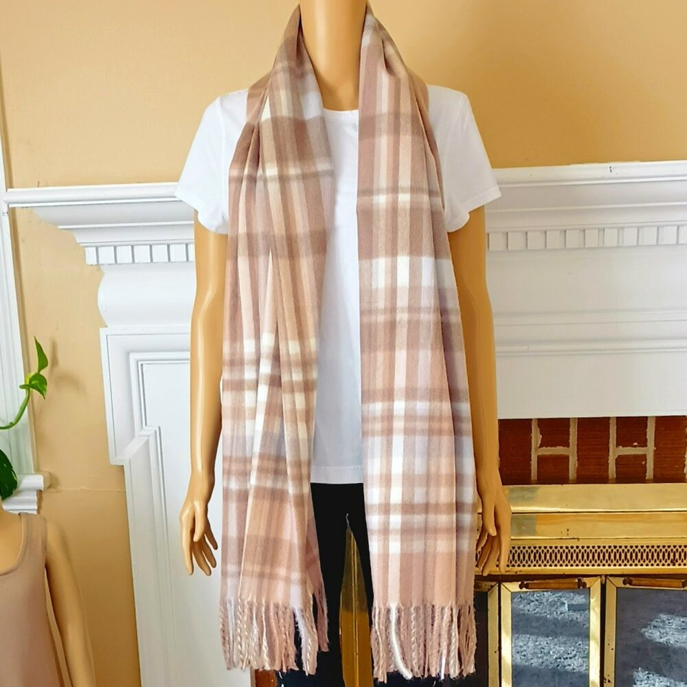 Pretty Persuasions Pink Plaid Scarf Rectangle Soft Fringe Shawl